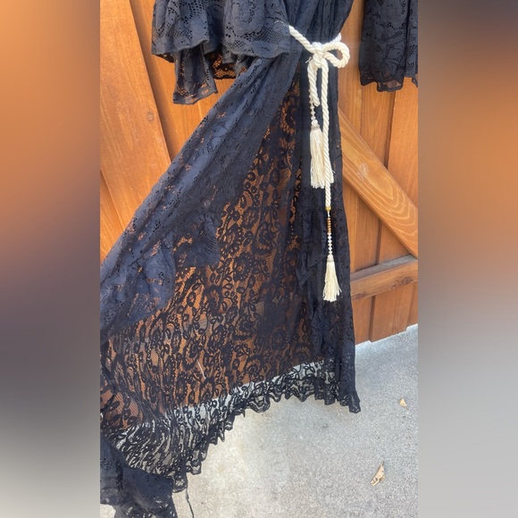 Venus Black Lace Kimono Swim Coverup Maxi Dress Bell Sleeve Boho Bohemian Goth 4 - Picture 9 of 12